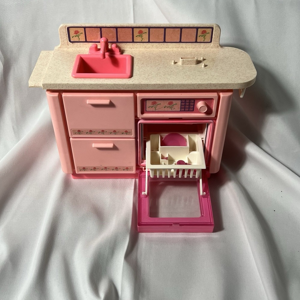 Vtg Barbie 1991 Mattel Wash & Watch Pink Kitchen Sink, Dishwasher Missing Parts